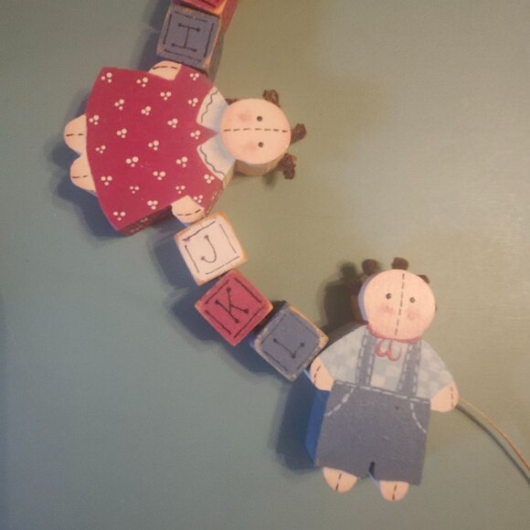 Handmade Wooden Alphabet Letter Block Garland Necklace with Ragdoll Boy & Girl - Picture 4 of 8